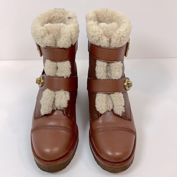 Coach Preston Booties With Genuine Shearling Trim Saddle Brown Women’s Size 7 - Picture 1 of 13